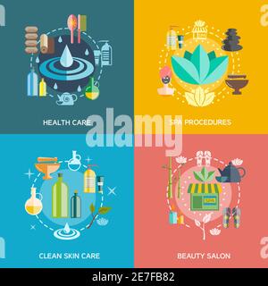 Spa-Symbole mit Gesundheits-Spa-Verfahren Hautpflege eingestellt Und Schönheitssalon Symbole flach isoliert Vektor-Illustration Stock Vektor