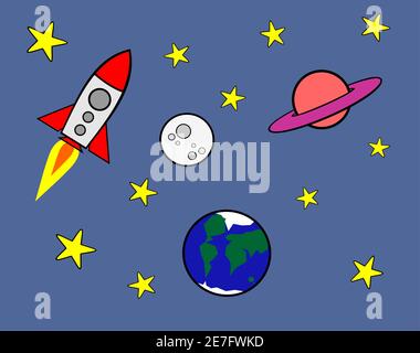 Karikatur einer Rakete im Weltraum mit Sternen, Mond, saturn und dem Planeten Erde, Zeichnung mit schwarzem Umriss Stock Vektor