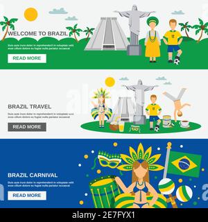 Brasilien kulturelle Reiseinformationen interaktive Webseite 3 flache Banner Set für Touristen und Besucher abstrakte Vektor-Illustration Stock Vektor