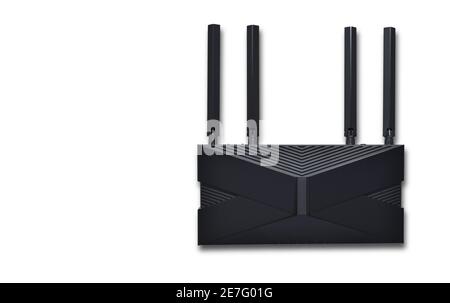 Moderner schwarzer wi-Fi-Router auf weißem Hintergrund mit Kopie Platz Stockfoto