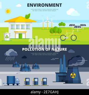 Umwelt und Verschmutzung der Natur horizontale Banner flach isoliert gesetzt vektorgrafik Stock Vektor