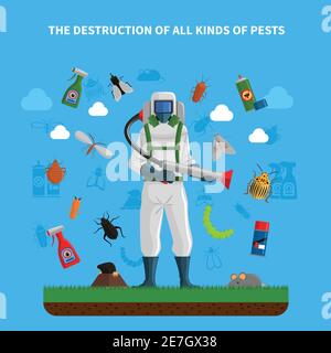 Schädlingsbekämpfung Konzept mit Insekten Exterminator Silhouette flache Vektor-Illustration Stock Vektor