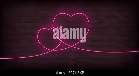 Zwei Herzen eine Linie Neon Vektor-Symbol. Eine Linie Kunst, Illustration. Stock Vektor