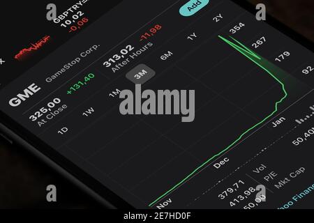 Antalya, TÜRKEI - 30. Januar 2021. Der Aktienindex von GameStop Corp wird auf einem iPhone angezeigt. GameStop-Aktien steigen als kleine Trader von einem Reddit-Team U auf Stockfoto