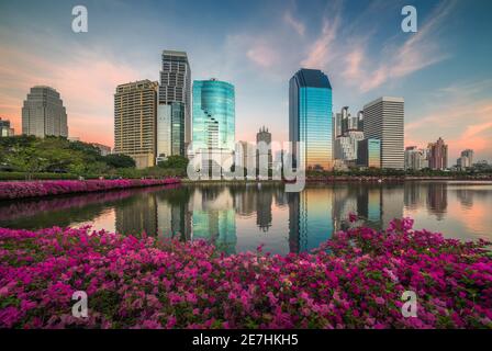 See mit violetten Blumen im City Park unter Wolkenkratzern bei Sonnenuntergang. Benjakiti Park in Bangkok, Thailand Stockfoto
