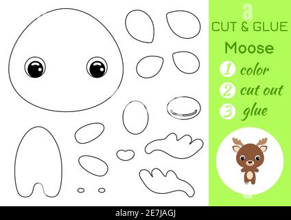 Malbuch schneiden und kleben Baby Elch. Pädagogische Papier Spiel für Vorschulkinder. Arbeitsblatt ausschneiden und einfügen. Farbe, Schnittteile und Kleber auf Papier. Stock Vektor