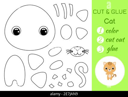 Malbuch schneiden und kleben Baby Katze. Pädagogische Papier Spiel für Vorschulkinder. Arbeitsblatt ausschneiden und einfügen. Farbe, Schnittteile und Kleber auf Papier. Stock Vektor