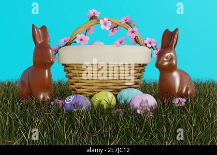 Einfache Bunte Schokolade Osterei Szene. 3D-Illustration Stockfoto