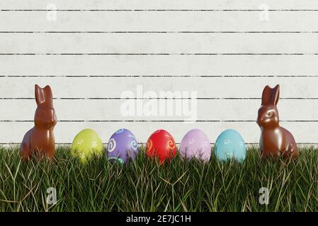 Einfache Bunte Schokolade Osterei Szene. 3D-Illustration Stockfoto
