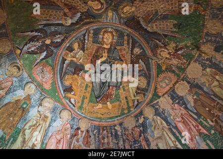 Fresko-Details von christlichen Kirchen versteckt und in Höhlen bei Goreme, Kappadokien, Anatolien, Türkei geschnitzt Stockfoto