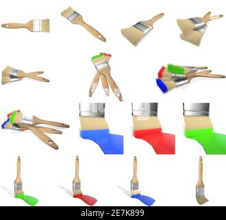 Große Sammlung von Holzfarben Pinsel. 3D-Rendering. Isolierter weißer Hintergrund Stockfoto