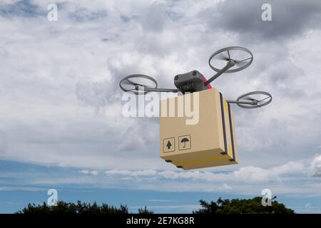 Drohne fliegt mit einem Karton. Drohnenlieferkonzept. 3D Abbildung. Stockfoto