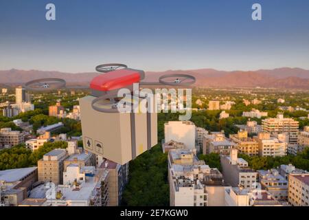 Rückansicht einer Drohne, die mit einem Karton über eine Stadt fliegt. Drohnenlieferkonzept. 3D Abbildung. Stockfoto