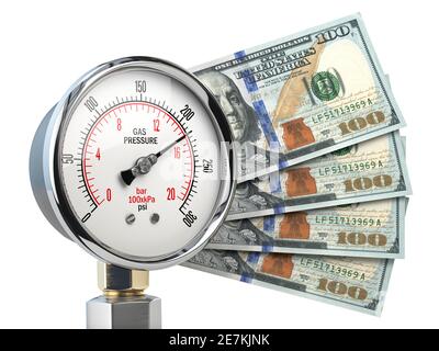 Gasdruckmesser mit Dollarnoten. Gaspreis und Heizkosten Zahlungskonzept. 3d-Illustration Stockfoto