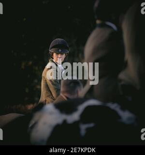 Junges Mädchen auf einem Pferd bei einer Jagd treffen tragen Tweed Jacke und Reithut Blick auf Fotograf, Border Beagle Hund Club legal Drag Hunt in großbritannien Stockfoto