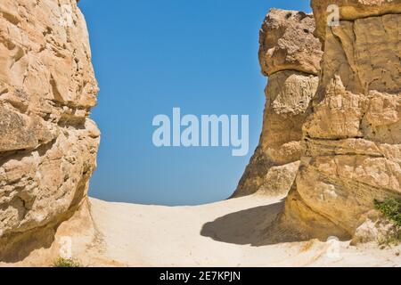 Detail von herrlichen Steinstrukturen und in der Nähe von Goreme, Kappadokien, Anatolien, Türkei Stockfoto