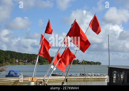 Rote Fischerflaggen Gruppe in der Nähe des Meeres Stockfoto