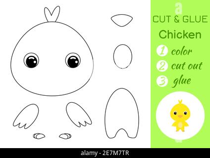 Malbuch geschnitten und kleben Baby Huhn. Pädagogische Papier Spiel für Vorschulkinder. Arbeitsblatt ausschneiden und einfügen. Farbe, Schnittteile und Kleber auf Papier. Stock Vektor