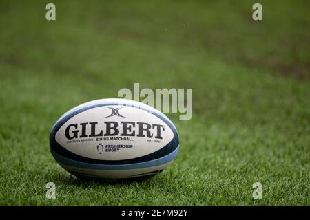 Sixways Stadium, Worcester, Worcestershire, Großbritannien. Januar 2021. Premiership Rugby, Worcester Warriors versus Exeter Chiefs; EIN Gilbert Rugby Ball auf dem Spielfeld Credit: Action Plus Sports/Alamy Live News Stockfoto