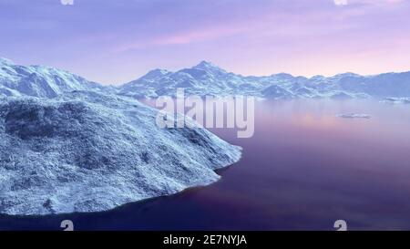 Winter gefrorene Landschaft mit See und Bergen. 3D-Rendering Stockfoto