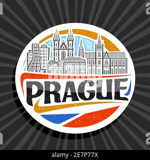 Vektor-Logo für Prag, weiße dekorative Tag mit Umriss Illustration der städtischen prager Stadtlandschaft auf Tag Himmel Hintergrund, Kunst Design Tourist Kühlschrank mag Stock Vektor