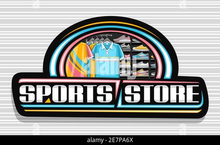 Vector Logo für Sports Store, schwarze Deko-Tafel mit Illustration moderner Sportschuhe und neuer Trendbekleidung auf Regal in einer Reihe für activ Stock Vektor