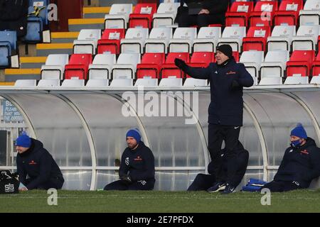 HARTLEPOOL, ENGLAND. JAN 30:Hartlepool Manager, Dave Challinor während des Vanarama National League Spiels zwischen Hartlepool United und Sutton United im Victoria Park, Hartlepool am Samstag 30. Januar 2021. (Kredit: Mark Fletcher, Mi News) Kredit: MI Nachrichten & Sport /Alamy Live Nachrichten Stockfoto