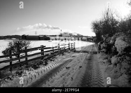 Straße, die im Winter zu einem Bauernhof führt Stockfoto