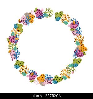 Abstrakter Rahmen aus Blumen, Korallen und Ästen. Meeresgewächse. Vektorkranz. Stock Vektor