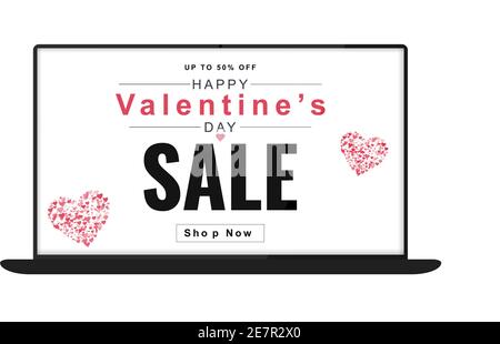 Valentinstag Hintergrund auf einem Laptop-Monitor und Typografie Happy Valentine's Day Text auf weißem Hintergrund. Vektorgrafik. Romantisches Zitat Stock Vektor