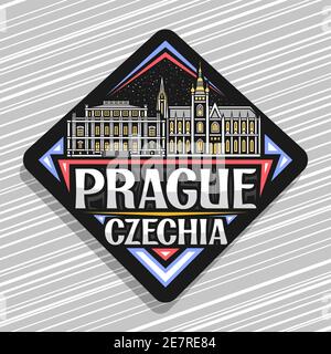 Vektor-Logo für Prag, schwarze Rhombus-Straßenschild mit Umriss Darstellung der mittelalterlichen prager Stadtbild auf Dämmerung Himmel Hintergrund, dekorative Kühlschrank magn Stock Vektor