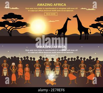 Afrikanische Menschen horizontale Banner mit erstaunlichen Afrika Symbole flach gesetzt Isolierte Vektordarstellung Stock Vektor