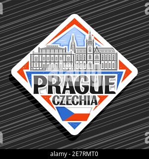 Vektor-Logo für Prag, weiße Rhombus-Straßenschild mit Umriss Illustration der prager Stadtlandschaft auf Tag Himmel Hintergrund, dekorative Kühlschrank Magnet mit un Stock Vektor