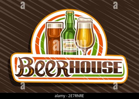 Vector Logo für Beer House, weiße Deko-Tafel mit Abbildung von Vollbierglas mit Schaum und dunklem Highball, einzigartiger Pinsel-Schriftzug für w Stock Vektor