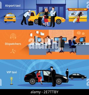 Set von 3 horizontalen Banner präsentiert Flughafen Taxi Dispatcher und vip Taxi flache Vektor-Illustration Stock Vektor