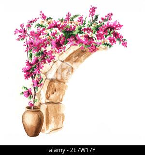 Bougainvillea Blumenbogen, dekorative Elemente, handgezeichnete Aquarell-Illustration isoliert auf weißem Hintergrund Stockfoto