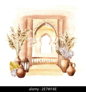 Boho Bouquet von getrockneten Rosenblüten und Palmenblättern mit Element der mediterranen, nordafrikanischen Architektur. Handgezeichnete Aquarellillustration isolat Stockfoto