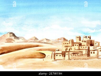 Wüste mit Dünen und einer afrikanischen Stadt, handgezeichnete Aquarell-Illustration und Hintergrund Stockfoto