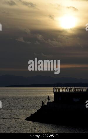 Silhouettierte Fußgänger laufen am Wellenbrecher Ogden Point bei Sonnenuntergang in Victoria auf Vancouver Island, British Columbia, Kanada entlang Stockfoto