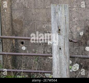 Alte hölzerne Zaunpfosten mit rostenden Metallzaunstangen Geländer Stockfoto