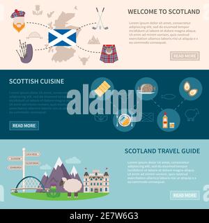 Schottland horizontale Banner Set mit Food Drink und Reise-Symbole Flache, isolierte Vektorgrafik Stock Vektor