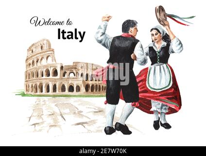 Welcome to Italy Card. Italienische Volkstänze. Ein paar Tänzer in Nationalkostümen auf dem Hintergrund des römischen Kolosseums in Rom. Handgezogener Wate Stockfoto