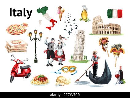 Italien Wahrzeichen und Symbole gesetzt. Reisekonzept. Handgezeichnete Aquarellillustration isoliert auf weißem Hintergrund Stockfoto