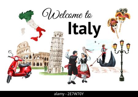 Welcome to Italy Card. Italienische Wahrzeichen und Symbole. Handgezeichnete Aquarellillustration isoliert auf weißem Hintergrund Stockfoto