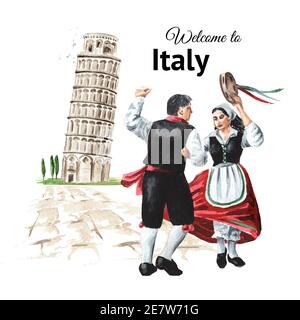 Welcome to Italy Card. Italienische Volkstänze. Ein paar Tänzer in nationalen Kostümen auf dem Hintergrund des Schiefen Turms von Pisa. Handgezogener Wassererc Stockfoto