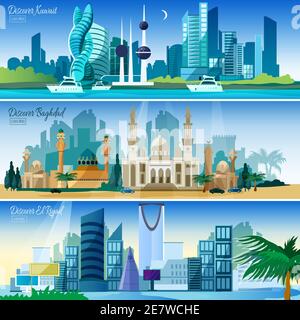 Reisebüro flache horizontale interaktive Banner mit exotischen arabischen gesetzt Städte bagdad kuwait Skyline abstrakte Vektor-Illustration Stock Vektor