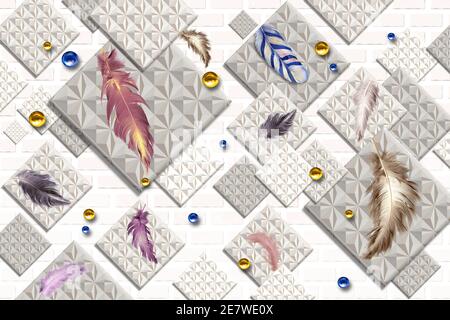 3D Wandtapete für Wand . Graue Quadrate im Hintergrund mit farbigen Federn und goldenen Kugeln. Stockfoto