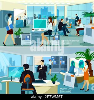 Flache Farbkompositionen mit Leuten, die am Computer reden und arbeiten Im Freiraum Büro Vektor-Illustration Stock Vektor