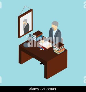 Professioneller Historiker bei der Arbeit in seinem Büro Konzept isometrische Banner Mit wissenschaftlichen Forschungsattributen abstrakte Vektordarstellung Stock Vektor