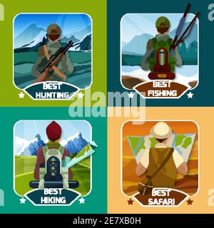 Jagd Wandern Angeln und beste Safari-Reise aktiven Urlaub 4 Flache Symbole quadratische Komposition Poster Vektor Illustration Stock Vektor